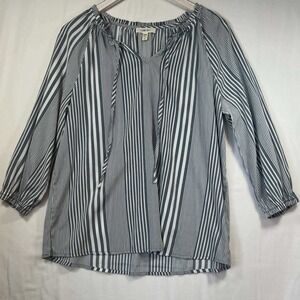 Como Blu Navy White Striped Tie Neck Peasant Blouse Top Womens Medium M